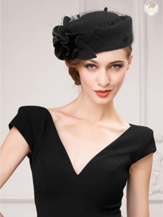 Wool Felt Pillbox Hat with Veil Flower for Wedding Church Derby Fascinator